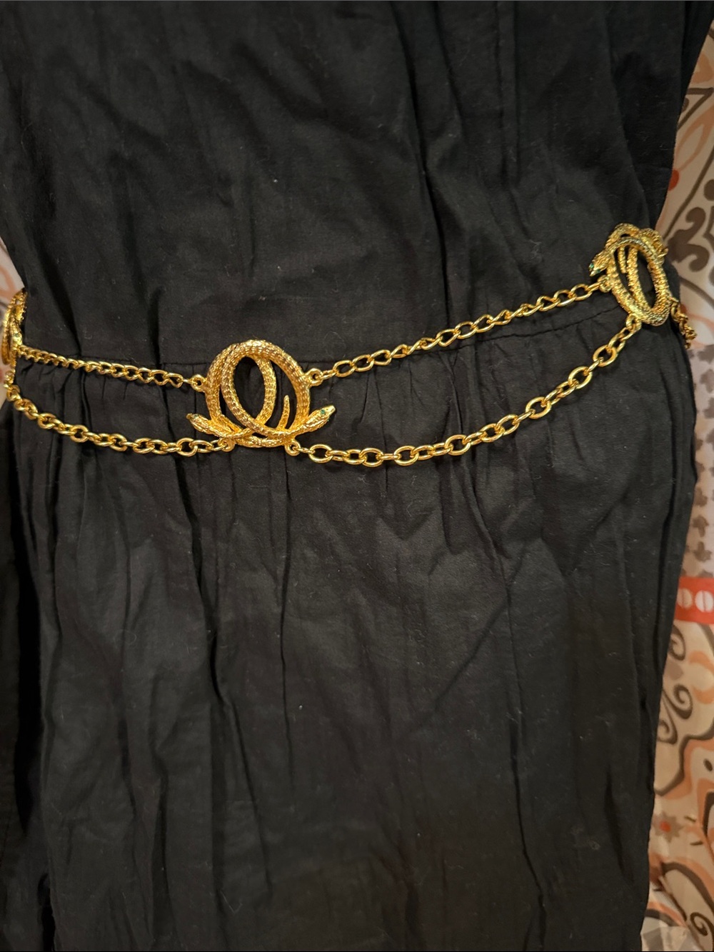 Chain Belt - Gold Snakes - 36” - Green Rhinestone Eyes - unmarked